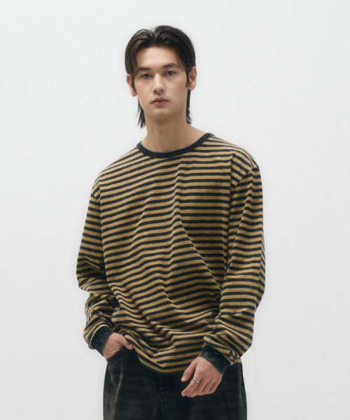 ECORR(エコル)の「ヴィンテージウォッシュドストライプロングスリーブ_イエロー(Tシャツ/カットソー・レディース・その他・1(M)/2(L)/3(XL))」の5枚目の写真