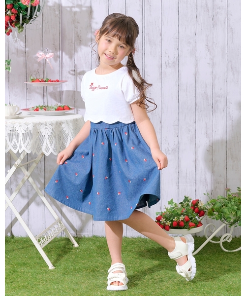 メゾピアノ120セット　ワンピース、スカート、Tシャツ セール】裾スカラップ半袖Tシャツ＆イチゴキャミワンピースセット