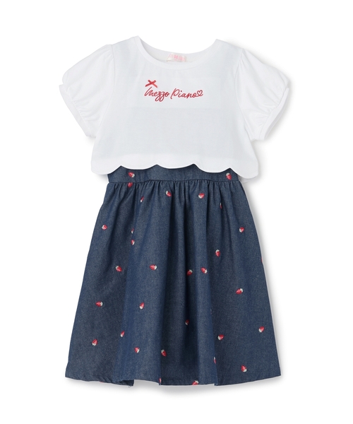 メゾピアノ120セット　ワンピース、スカート、Tシャツ セール】裾スカラップ半袖Tシャツ＆イチゴキャミワンピースセット