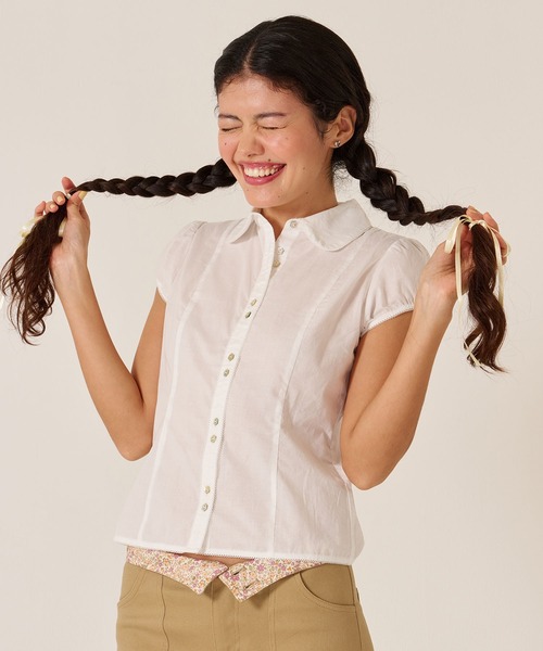 TINA:JOJUN(ティーナジョジュン)の「コンパクト キャップスリーブ ブラウス TINA:JOJUN(シャツ/ブラウス・レディース・ピンク/ホワイト・M)」の4枚目の写真