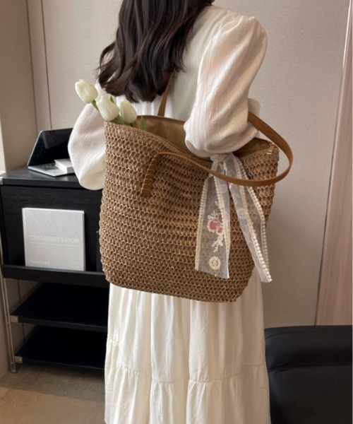 pyornim(ピョルニム)の「【A4サイズ対応】【花柄刺繍リボン付き】 フェイクレザーハンドル カゴトートバッグ 海 夏 プール(トートバッグ・レディース・ベージュ/アイボリー・F)」の10枚目の写真