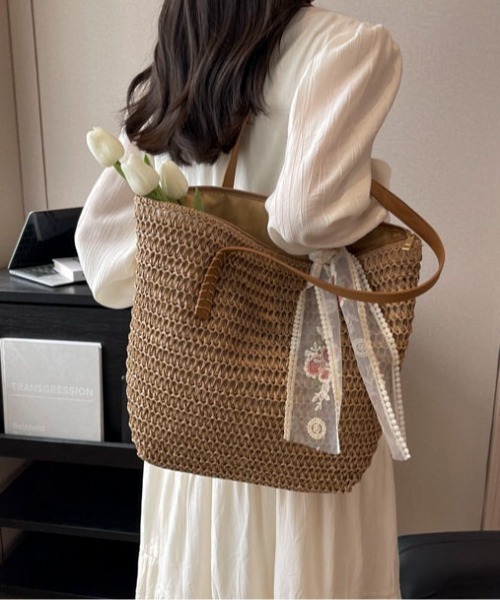 pyornim(ピョルニム)の「【A4サイズ対応】【花柄刺繍リボン付き】 フェイクレザーハンドル カゴトートバッグ 海 夏 プール(トートバッグ・レディース・ベージュ/アイボリー・F)」の21枚目の写真