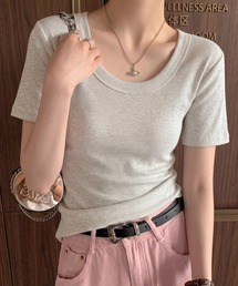 ワイドネックショートリブ半袖Tシャツ