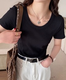 ワイドネックショートリブ半袖Tシャツ