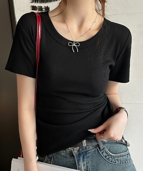 yuue' ( wear )(ユーイ)の「ワイドネックショートリブ半袖Tシャツ(Tシャツ/カットソー・レディース・ブラック/ダークブラウン/ライトグレー/ホワイト・FREE)」の18枚目の写真