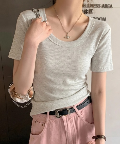 yuue' ( wear )(ユーイ)の「ワイドネックショートリブ半袖Tシャツ(Tシャツ/カットソー・レディース・ブラック/ダークブラウン/ライトグレー/ホワイト・FREE)」の22枚目の写真