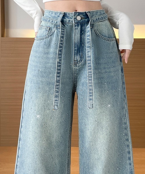 AMAJI（アマジ）の「ラインストーン デニム ワイドストレートパンツ（デニムパンツ・レディース・ブラック/ライトブルー・X-LARGE/LARGE/MEDIUM/SMALL）」の6枚目の写真