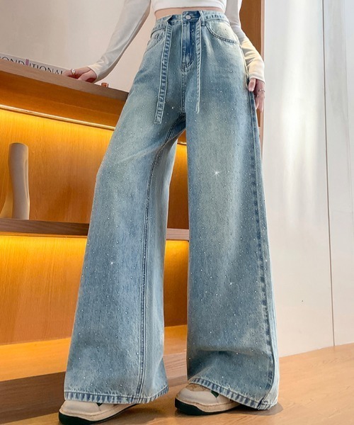 AMAJI（アマジ）の「ラインストーン デニム ワイドストレートパンツ（デニムパンツ・レディース・ブラック/ライトブルー・X-LARGE/LARGE/MEDIUM/SMALL）」の7枚目の写真