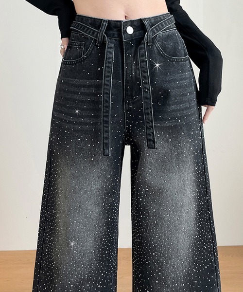 AMAJI（アマジ）の「ラインストーン デニム ワイドストレートパンツ（デニムパンツ・レディース・ブラック/ライトブルー・X-LARGE/LARGE/MEDIUM/SMALL）」の8枚目の写真