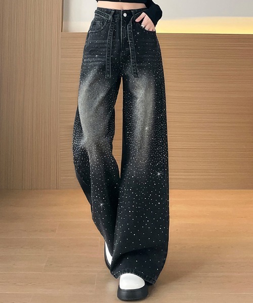 AMAJI（アマジ）の「ラインストーン デニム ワイドストレートパンツ（デニムパンツ・レディース・ブラック/ライトブルー・X-LARGE/LARGE/MEDIUM/SMALL）」の9枚目の写真