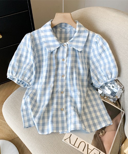 CHUL（チュル）の「ギンガムチェックパフスリーブブラウス（シャツ/ブラウス・レディース・ブルー/ブラック・MEDIUM/SMALL/X-LARGE/LARGE）」の2枚目の写真