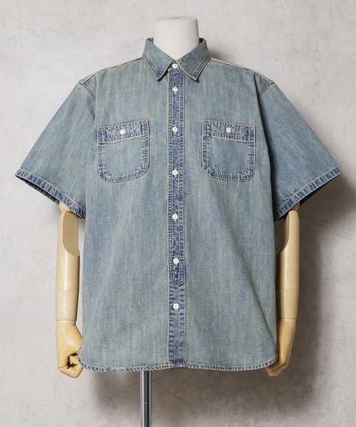 HOUSTON(ヒューストン)の「HOUSTON ヒューストン USA COTTON DENIM S/S WORK SHIRT USAコットン デニム 半袖 ワークシャツ(シャツ/ブラウス・メンズ・ワンウォッシュ/ライトインディゴブルー/インディゴブルー・XXL/XL/L/M)」の1枚目の写真