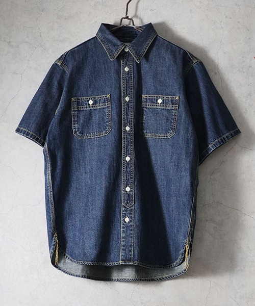 HOUSTON(ヒューストン)の「HOUSTON ヒューストン USA COTTON DENIM S/S WORK SHIRT USAコットン デニム 半袖 ワークシャツ(シャツ/ブラウス・メンズ・ワンウォッシュ/ライトインディゴブルー/インディゴブルー・XXL/XL/L/M)」の5枚目の写真