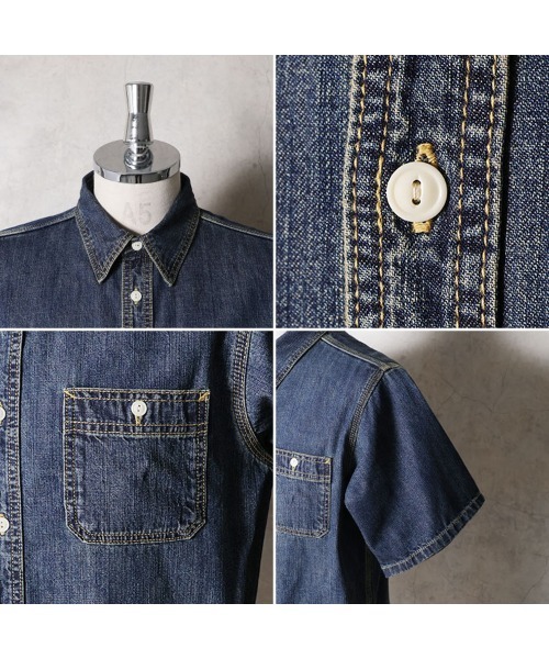 HOUSTON(ヒューストン)の「HOUSTON ヒューストン USA COTTON DENIM S/S WORK SHIRT USAコットン デニム 半袖 ワークシャツ(シャツ/ブラウス・メンズ・ワンウォッシュ/ライトインディゴブルー/インディゴブルー・XXL/XL/L/M)」の6枚目の写真