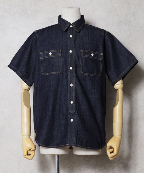 HOUSTON(ヒューストン)の「HOUSTON ヒューストン USA COTTON DENIM S/S WORK SHIRT USAコットン デニム 半袖 ワークシャツ(シャツ/ブラウス・メンズ・ワンウォッシュ/ライトインディゴブルー/インディゴブルー・XXL/XL/L/M)」の4枚目の写真