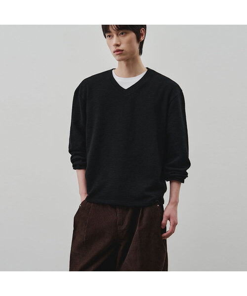 セール】テクスチャードVネッククロップニットTシャツ[ブラック]（T
