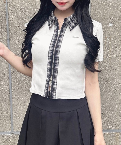 INGNI(イング)の「チェック襟ダブルジップトップス(Tシャツ/カットソー・レディース・グレー/オフホワイト/ブラック・M)」の2枚目の写真