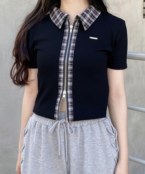 INGNI(イング)の「チェック襟ダブルジップトップス(Tシャツ/カットソー・レディース・グレー/オフホワイト/ブラック・M)」の1枚目の写真