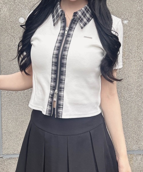 INGNI(イング)の「チェック襟ダブルジップトップス(Tシャツ/カットソー・レディース・グレー/オフホワイト/ブラック・M)」の4枚目の写真