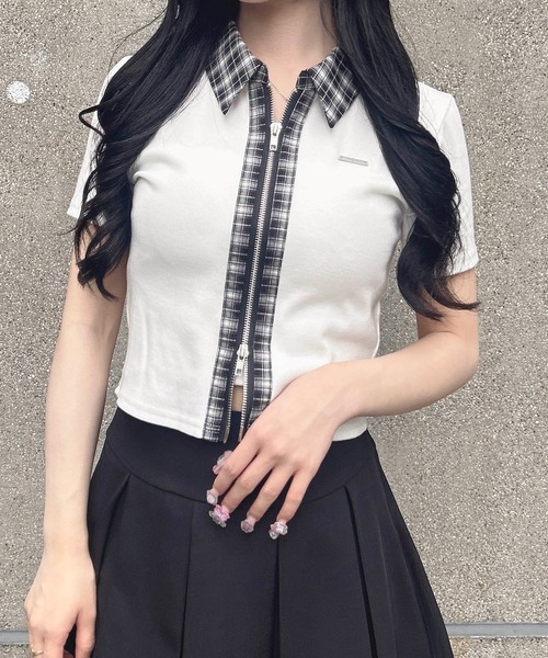 INGNI(イング)の「チェック襟ダブルジップトップス(Tシャツ/カットソー・レディース・グレー/オフホワイト/ブラック・M)」の5枚目の写真