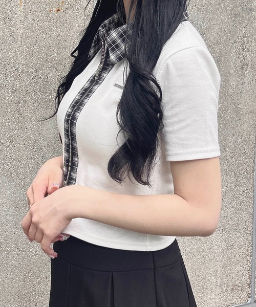 INGNI(イング)の「チェック襟ダブルジップトップス(Tシャツ/カットソー・レディース・グレー/オフホワイト/ブラック・M)」の6枚目の写真