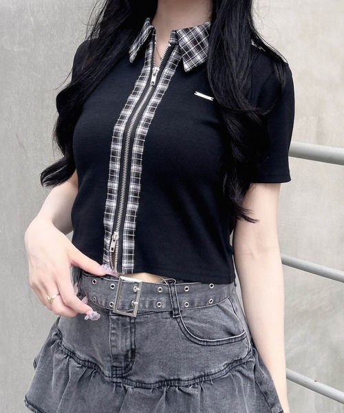 INGNI(イング)の「チェック襟ダブルジップトップス(Tシャツ/カットソー・レディース・グレー/オフホワイト/ブラック・M)」の10枚目の写真