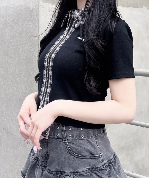 INGNI(イング)の「チェック襟ダブルジップトップス(Tシャツ/カットソー・レディース・グレー/オフホワイト/ブラック・M)」の12枚目の写真