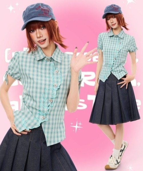 gossip!ロサンゼルス(ゴシップロサンゼルス)の「【Y2Kガーリー】レトロチェック柄キャット刺繍半袖ブラウス アシンメトリー ハートボタン パフスリーブ(シャツ/ブラウス・レディース・チェック・M)」の5枚目の写真