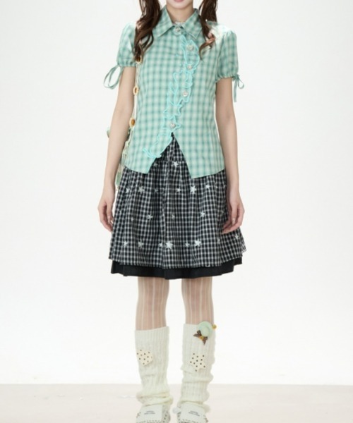 gossip!ロサンゼルス(ゴシップロサンゼルス)の「【Y2Kガーリー】レトロチェック柄キャット刺繍半袖ブラウス アシンメトリー ハートボタン パフスリーブ(シャツ/ブラウス・レディース・チェック・M)」の15枚目の写真