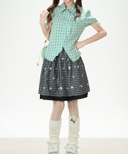 gossip!ロサンゼルス(ゴシップロサンゼルス)の「【Y2Kガーリー】レトロチェック柄キャット刺繍半袖ブラウス アシンメトリー ハートボタン パフスリーブ(シャツ/ブラウス・レディース・チェック・M)」の16枚目の写真