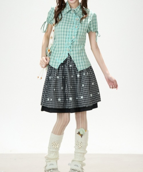 gossip!ロサンゼルス(ゴシップロサンゼルス)の「【Y2Kガーリー】レトロチェック柄キャット刺繍半袖ブラウス アシンメトリー ハートボタン パフスリーブ(シャツ/ブラウス・レディース・チェック・M)」の18枚目の写真