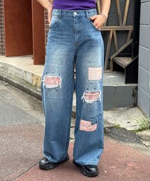 フラワーパッチダメージデニムパンツ