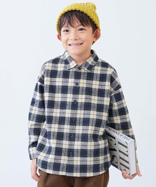 devirock(デビロック)の「綿100% チェック柄 長袖ネルシャツ(シャツ/ブラウス・キッズ・ネイビー/アイボリー/オフホワイト/ブラック/ホワイト/スミクロ/ブルー/ブラウン・160cm/120cm/130cm/150cm/140cm/100cm/110cm)」の1枚目の写真