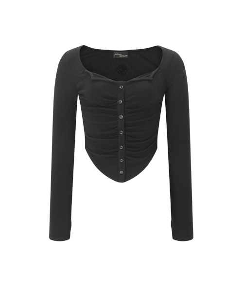 PLEASENOFOLLOW(プリーズノーフォロー)の「Kaya Button Shirring Long Sleeve Top (Black)(Tシャツ/カットソー・レディース・その他・FREE)」の2枚目の写真