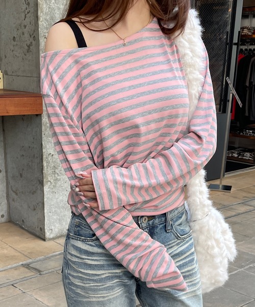 ROGER AND RAW(ロジャーアンドロウ)の「ボートネックボーダー長袖トップス(Tシャツ/カットソー・レディース・ピンク/チャコールグレー/イエロー・FREE)」の3枚目の写真
