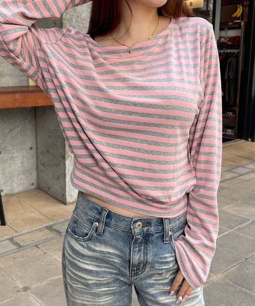 ROGER AND RAW(ロジャーアンドロウ)の「ボートネックボーダー長袖トップス(Tシャツ/カットソー・レディース・ピンク/チャコールグレー/イエロー・FREE)」の22枚目の写真