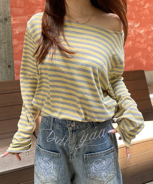 ROGER AND RAW(ロジャーアンドロウ)の「ボートネックボーダー長袖トップス(Tシャツ/カットソー・レディース・ピンク/チャコールグレー/イエロー・FREE)」の19枚目の写真