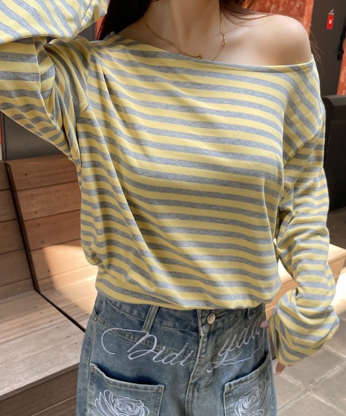 ROGER AND RAW(ロジャーアンドロウ)の「ボートネックボーダー長袖トップス(Tシャツ/カットソー・レディース・ピンク/チャコールグレー/イエロー・FREE)」の18枚目の写真