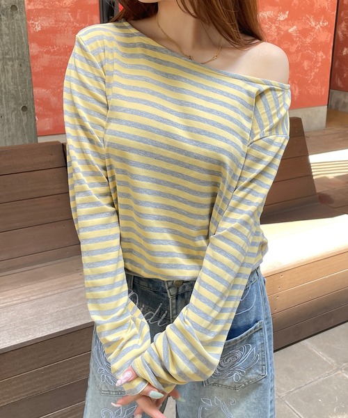 ROGER AND RAW(ロジャーアンドロウ)の「ボートネックボーダー長袖トップス(Tシャツ/カットソー・レディース・ピンク/チャコールグレー/イエロー・FREE)」の16枚目の写真