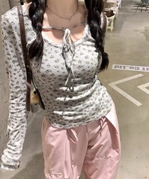 フロントリボン　花柄カットソー