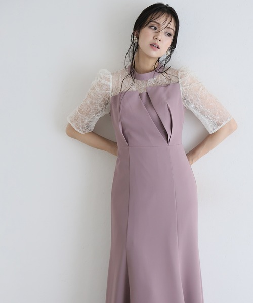 PourVous(プールヴー)の「ロング&袖あり フォーマル ビスチェ マーメードシルエット ギャザースリーブ ラメ セレモニー 結婚式二次会 パーティードレス お呼ばれ オケージョンドレス 同窓会成人式(ドレス・レディース・ネイビー/モーブ系/ブルーグレー/ブラック・SS/L/M)」の4枚目の写真