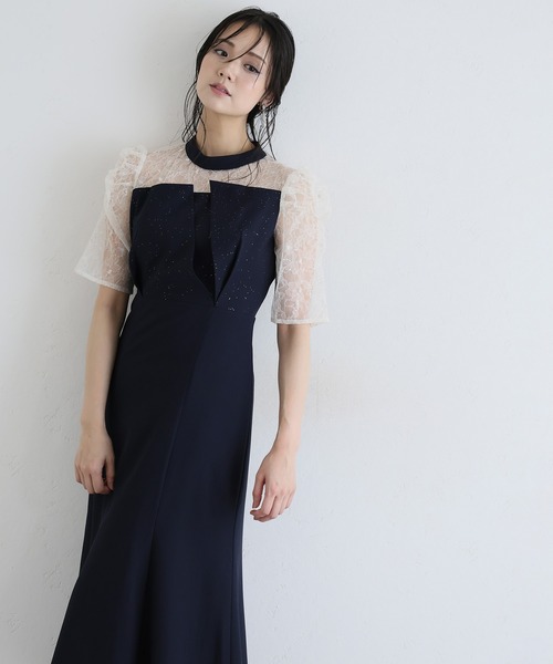 PourVous(プールヴー)の「ロング&袖あり フォーマル ビスチェ マーメードシルエット ギャザースリーブ ラメ セレモニー 結婚式二次会 パーティードレス お呼ばれ オケージョンドレス 同窓会成人式(ドレス・レディース・ネイビー/モーブ系/ブルーグレー/ブラック・SS/L/M)」の3枚目の写真