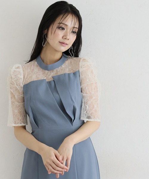 PourVous(プールヴー)の「ロング&袖あり フォーマル ビスチェ マーメードシルエット ギャザースリーブ ラメ セレモニー 結婚式二次会 パーティードレス お呼ばれ オケージョンドレス 同窓会成人式(ドレス・レディース・ネイビー/モーブ系/ブルーグレー/ブラック・SS/L/M)」の2枚目の写真