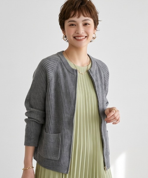 Sew loop(ソーループ)の「ダブルZIP長袖リブニットカーディガン(カーディガン/ボレロ・レディース・グレー/ピンク/オレンジ/アイボリー・FREE)」の3枚目の写真