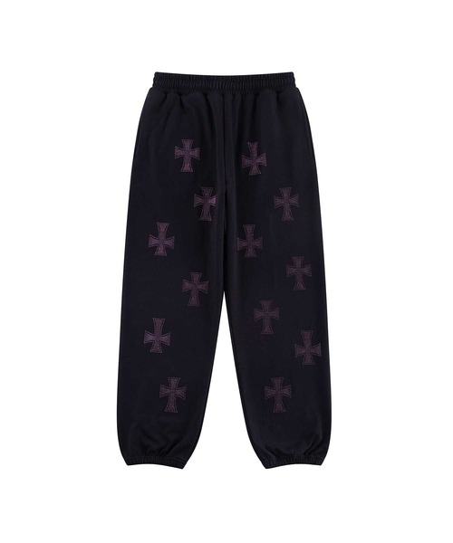 UNKNOWN LONDON(アンノウン・ロンドン)の「スエットパンツ|Black x Purple Cross Rhinestone Jogger|Unknown London(スウェットパンツ・メンズ・ブラック・SMALL/MEDIUM/LARGE/X-LARGE)」の1枚目の写真