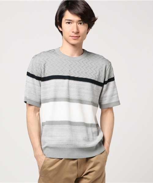 COMME CA ISM（コムサイズム）の「カラーブロック半袖ニット（ニット/セーター・メンズ・ネイビー/グレー・LARGE/MEDIUM）」の2枚目の写真