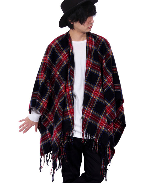 ８(eight)（エイト）の「チェックポンチョ 大判 マフラー ストール（ポンチョ・メンズ・ブラック/ベージュ/レッド/グリーン・FREE）」の2枚目の写真