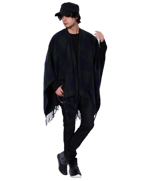 ８(eight)（エイト）の「チェックポンチョ 大判 マフラー ストール（ポンチョ・メンズ・ブラック/ベージュ/レッド/グリーン・FREE）」の13枚目の写真