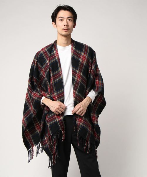 ８(eight)（エイト）の「チェックポンチョ 大判 マフラー ストール（ポンチョ・メンズ・ブラック/ベージュ/レッド/グリーン・FREE）」の8枚目の写真