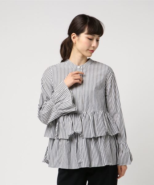 お試し価格 マルティニーク ストライプフリルシャツ シャツ ブラウス 長袖 七分 Guiacieneguilla Com